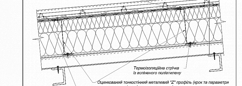 Пристрій покрівлі з покриттям з профільованого настилу